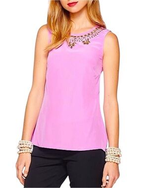 NWT Lilly Pulitzer Havana Silk Sorrei Purple Pink Embellished Rhinestone Top  XS